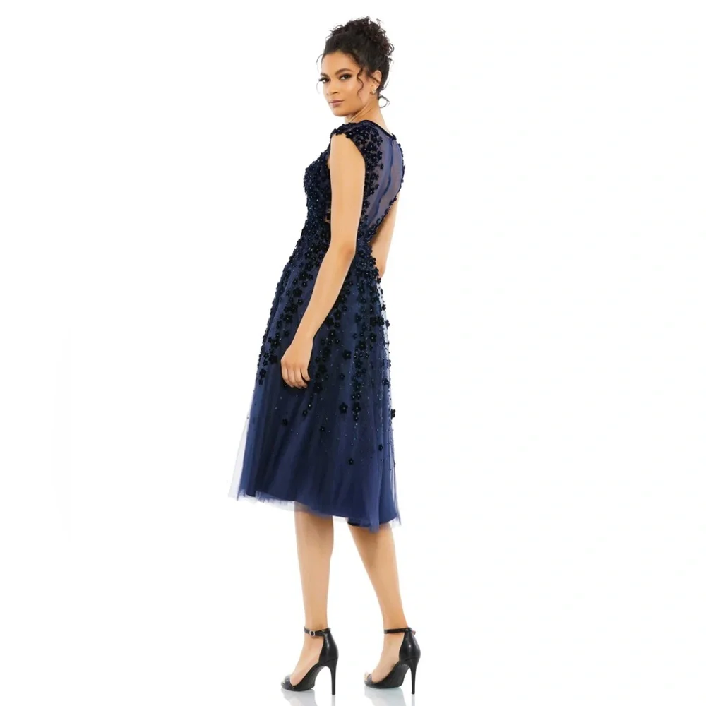 Mac Duggal Floral Embellished Illusion Midnight Midi Cocktail‎ Dress NWT